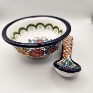Mexican Pottery Colorful Ceramic Bowl and Spoon Set Hand painted